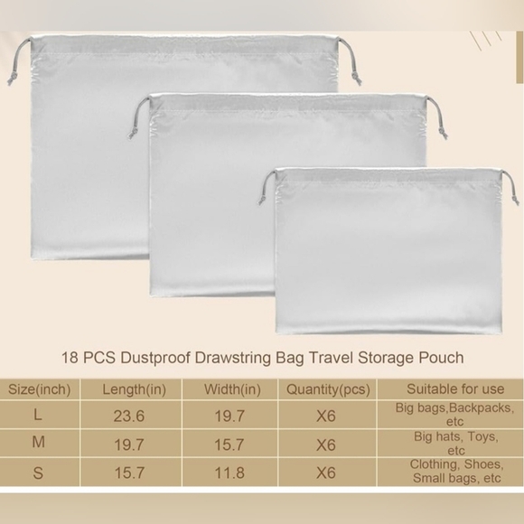 Dust Bags, Set of 18 With Drawstring in 3 Different Sizes, NEW - Picture 2 of 4
